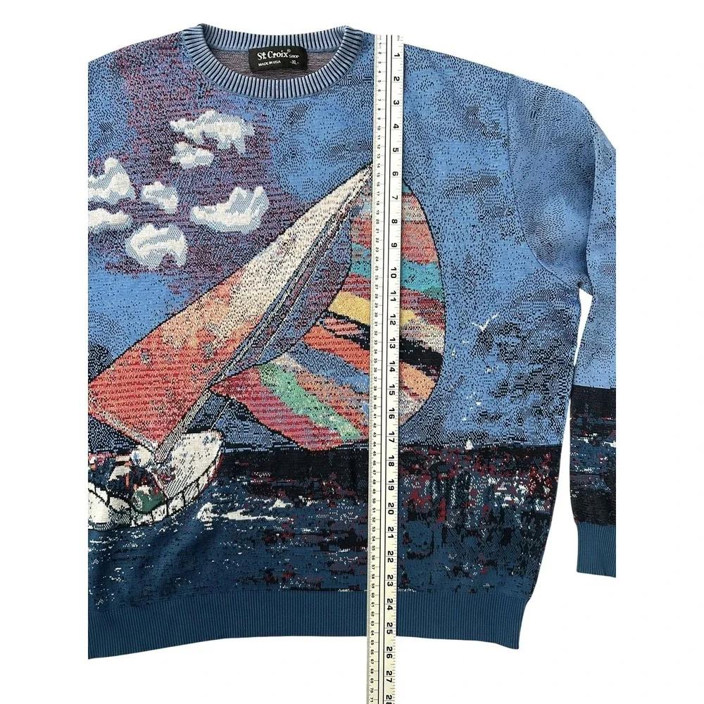Vintage St. Croix Knits Sweater Men's XL Blue Sailboat Clouds Nautical Jacquard